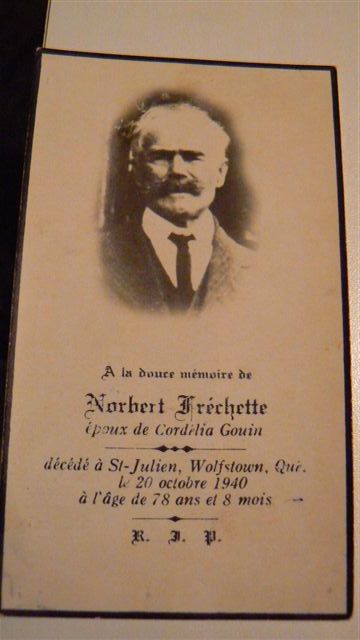 Portrait de Norbert Fréchette: Carte Mortuaire Portrait de Norbert Fréchette: Carte Mortuaire