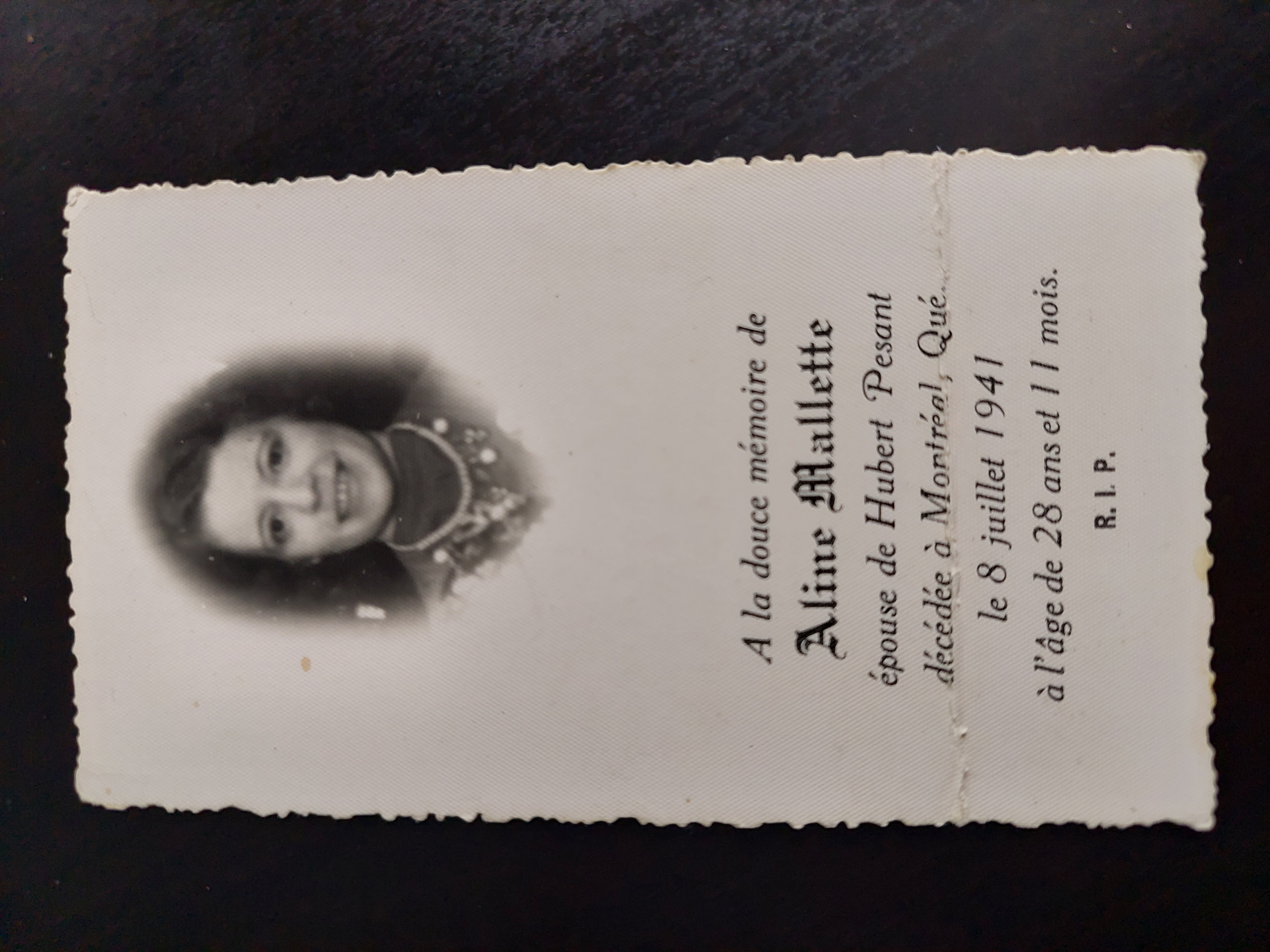 Carte mortuaire d'Aline Mallette: Carte mortuaire d'Aline Mallette: