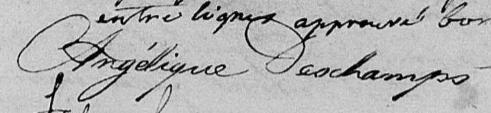 Signature de Angélique Deschamps: 22 juillet 1828 Signature de Angélique Deschamps: 22 juillet 1828