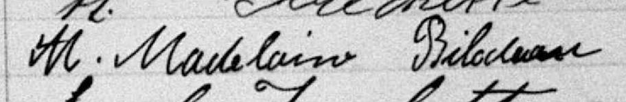 Signature de M. Madelaine Bilodeau: 14 avril 1892 Signature de M. Madelaine Bilodeau: 14 avril 1892