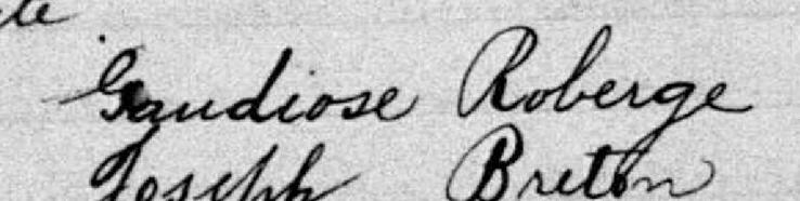 Signature de Gaudiose Roberge: 4 novembre 1885 Signature de Gaudiose Roberge: 4 novembre 1885