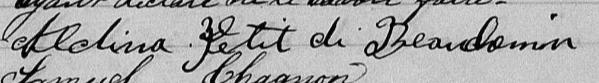Signature de Aldina Petit dite Beauchemin: 8 janvier 1870 Signature de Aldina Petit dite Beauchemin: 8 janvier 1870