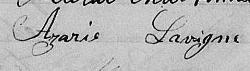 Signature de Azarie Lavigne: 27 mai 1856 Signature de Azarie Lavigne: 27 mai 1856