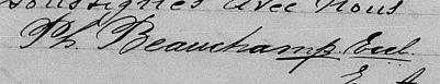 Signature de Ph. Beauchamp Eccl.: 22 août 1873 Signature de Ph. Beauchamp Eccl.: 22 août 1873