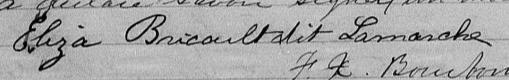 Signature de Eliza Bricault dite Lamarche: 21 septembre 1875 Signature de Eliza Bricault dite Lamarche: 21 septembre 1875
